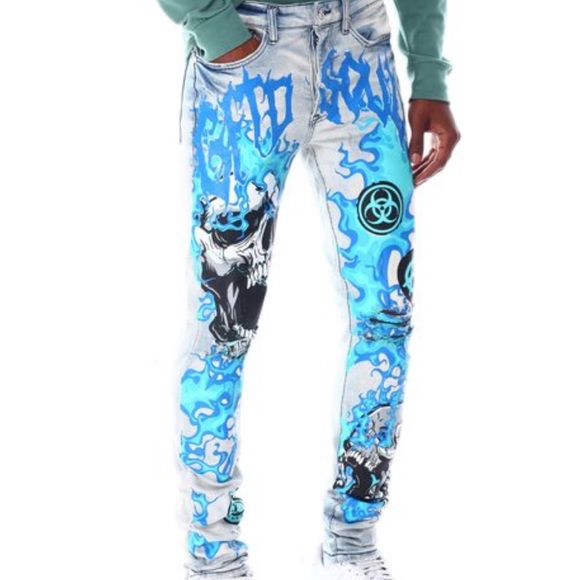 NWT!!!! Mens stylish skinny jeans w/ fashion flame/skull appliqués ; SZ 42W - Picture 2 of 5